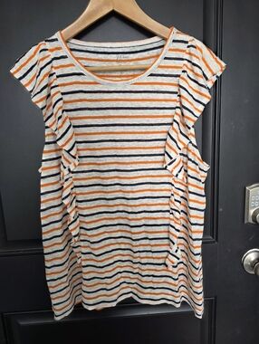 J Crew 100% Linen Striped Knit Top Women Sz L Orange Navy Ruffle-Sleeve Casual